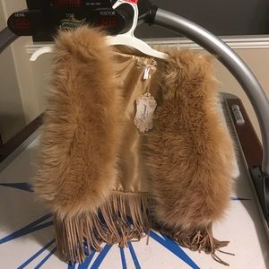 Champagne faux fur vest with fringe